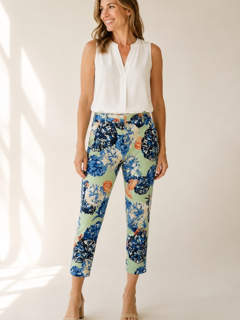 J.Crew Stretch Floral Print Cropped Ankle Pants Blue Green Size 8